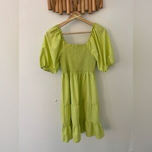 Lark + Grey Green Puff Sleeve Shirred Dress Midi